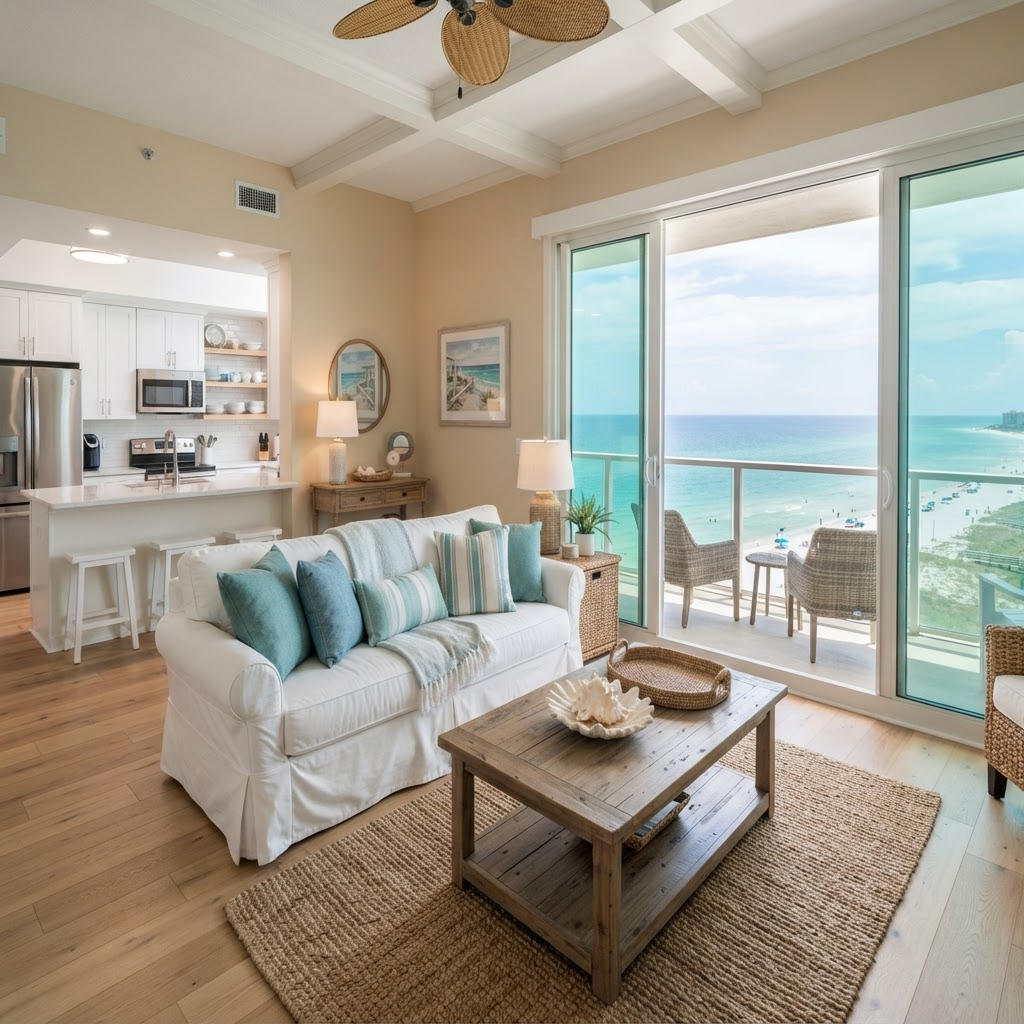 Bright coastal condo living room with balcony doors open to a Gulf view