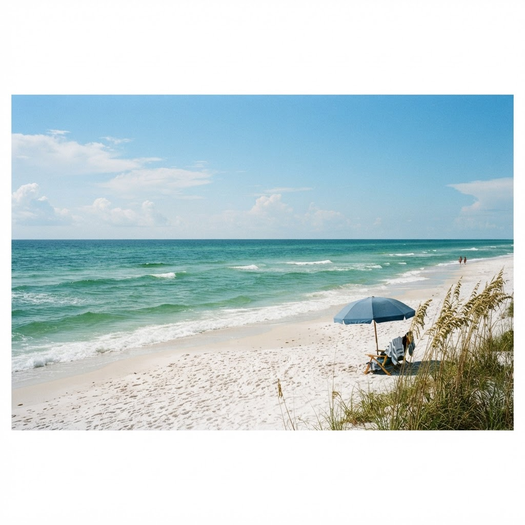 Emerald Gulf water and white sand along Miramar Beach, Florida